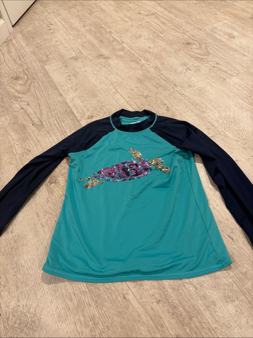 Lands' End Teal & Navy Long Sleeve Swim Rash Guard with Sequin Turtle